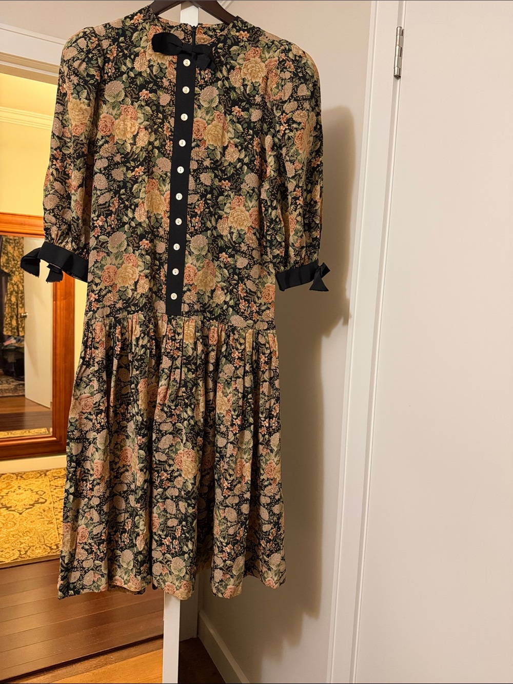 Saks Fifth Avenue Black Floral Midi Dress with Blush and Cream Roses size 6